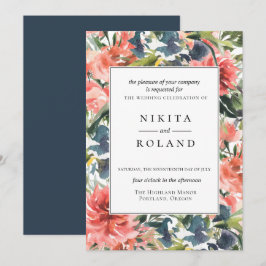 Farbenfrohe Coral Dahlia Blues Hochzeitseinladung Einladung