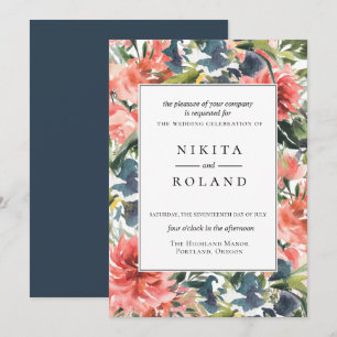 Farbenfrohe Coral Dahlia Blues Hochzeitseinladung Einladung