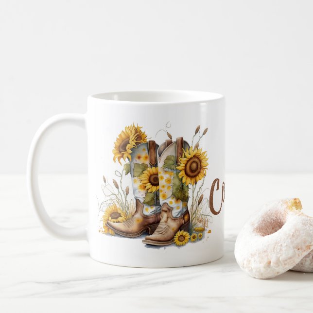 Farbenfrohe Cowgirl Stiefel und Sonnenblumen Kaffeetasse (Mit Donut)