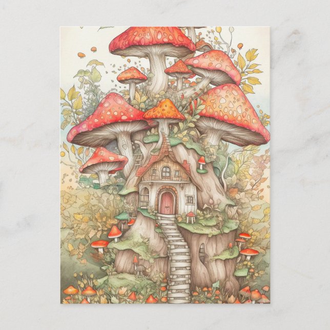 Farbenfrohe Creative Mushroom Village Illustration Postkarte (Vorderseite)