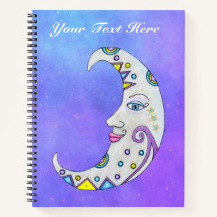 Farbenfrohe Crescent Moon Face Misty Lila Sky Notizbuch