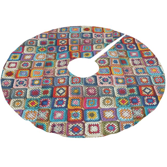 Farbenfrohe Crocheted Granny Square Quilt Polyester Weihnachtsbaumdecke (Schrägansicht)