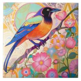 Farbenfrohe Crow Bird Rainbow Spring Blumen Fliese