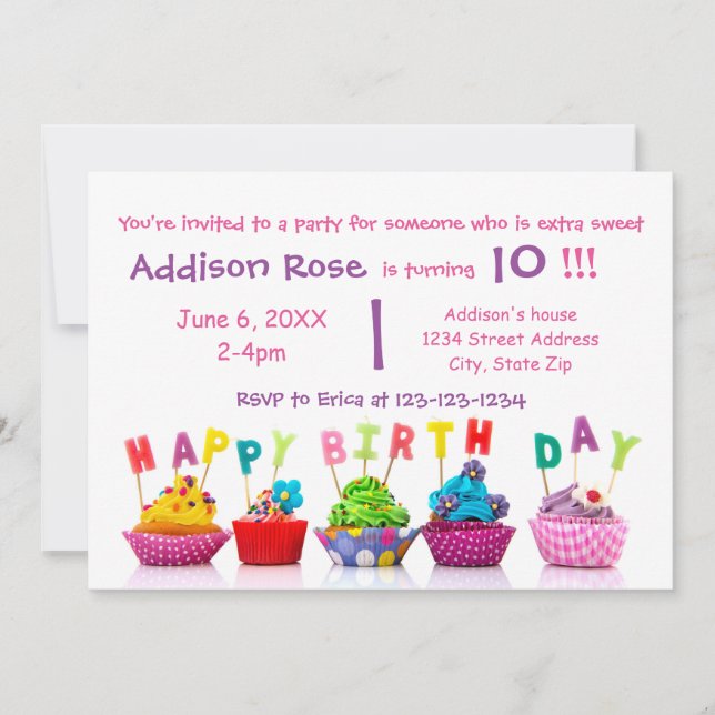 Farbenfrohe Cupcake - Girl Birthday Card Einladung (Vorderseite)