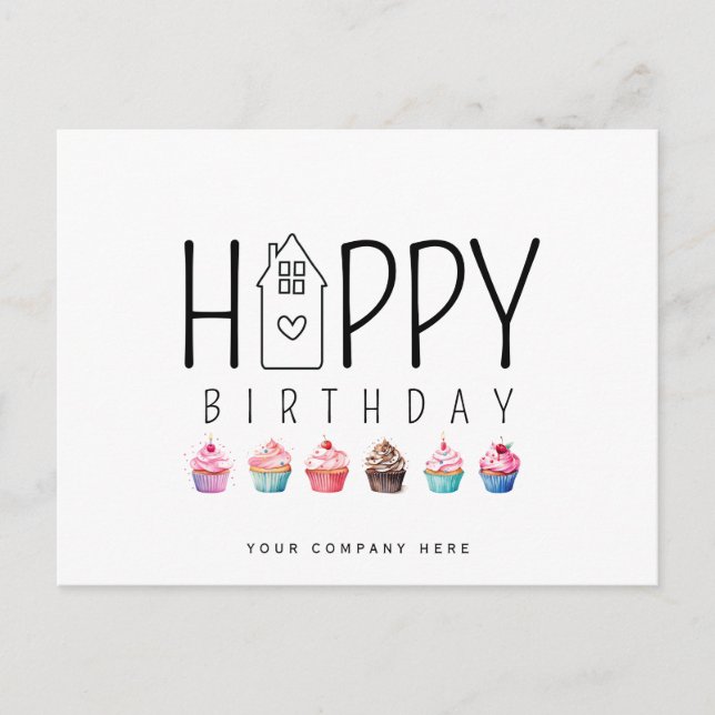 Farbenfrohe Cupcake House Happy Birthday Realty Postkarte (Vorderseite)
