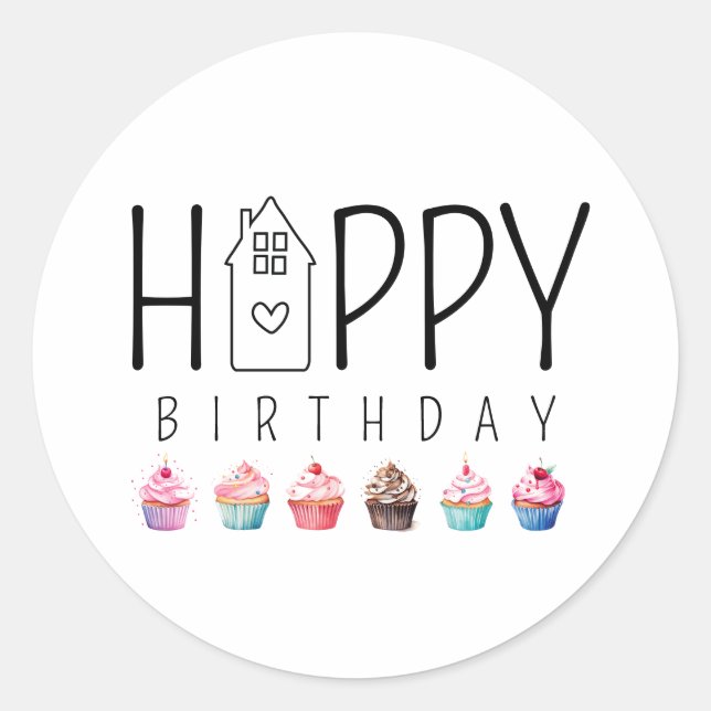 Farbenfrohe Cupcake House Happy Birthday Realty Runder Aufkleber (Vorderseite)