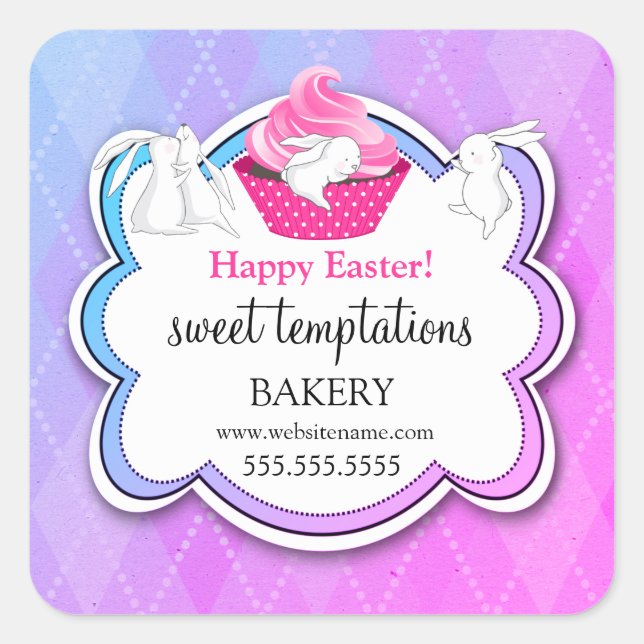 Farbenfrohe Cupcake Whimsical Bunnies Bäckerei Quadratischer Aufkleber (Vorderseite)