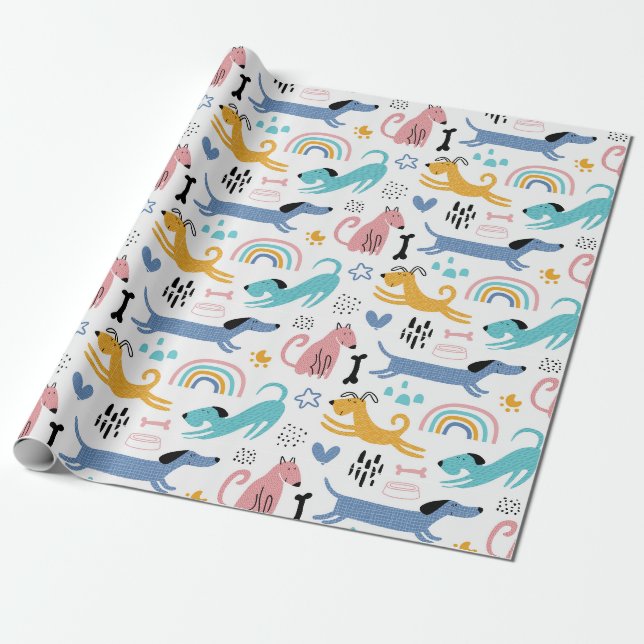 Farbenfrohe Dackelfreunde Geschenkpapier (Ungerollt)