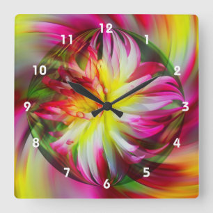 Farbenfrohe Dahlia Blume Abstrakte Kunst Quadratische Wanduhr