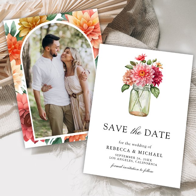 Farbenfrohe Dahlia Mason Jar Foto Wedding Save The Date (Von Creator hochgeladen)