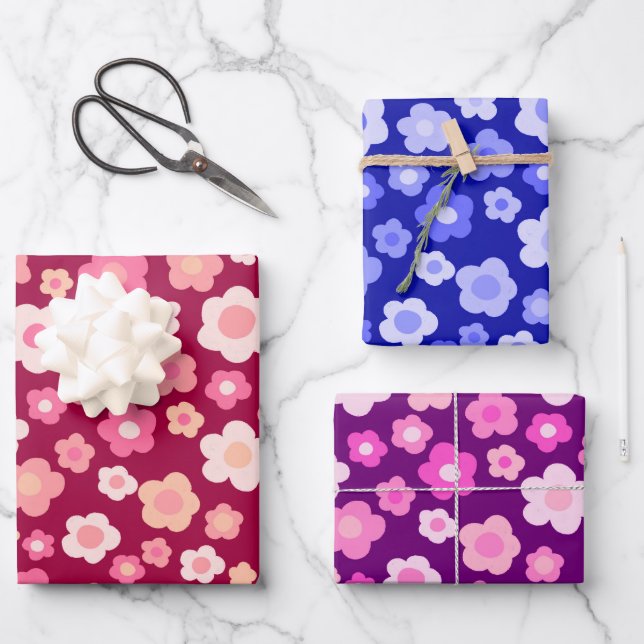 Farbenfrohe Daisies floral Bright Bold Retro Niedl Geschenkpapier Set (Vorderseite)
