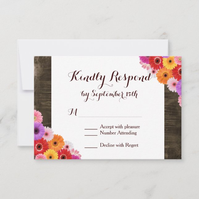 Farbenfrohe Daisy Rustic Barn Wood Wedding RSVP Ca (Vorderseite)