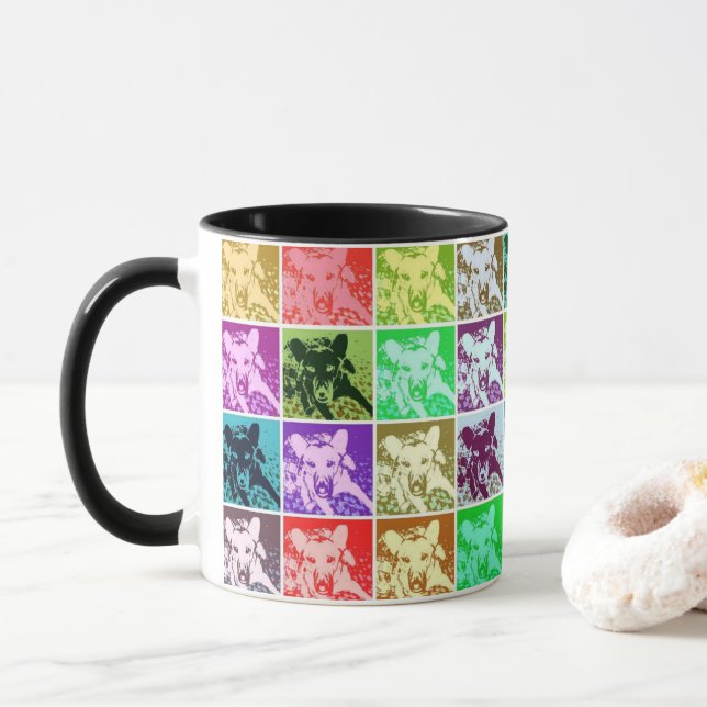 Farbenfrohe deutsche Schäferhündin Pop Art Tasse (Mit Donut)