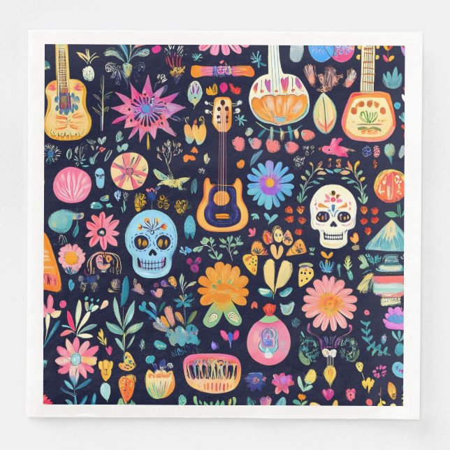 Farbenfrohe Dia de los muertos Muster Serviette (Vorderseite)