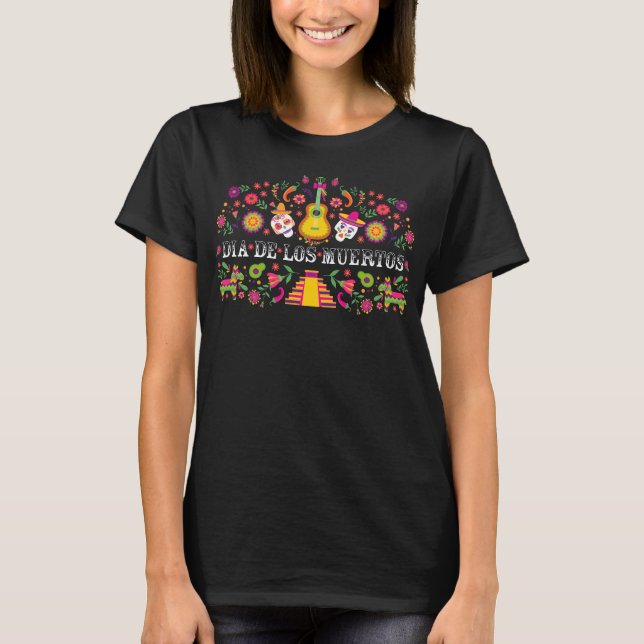 Farbenfrohe Dia de los Muertos T-Shirt (Vorderseite)