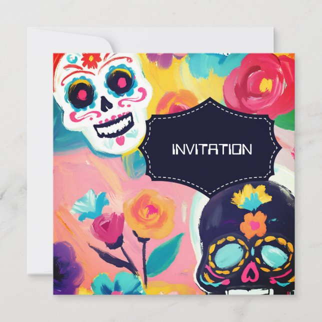 Farbenfrohe Dia De Los Muertos Zuckerschädel Einladung (Vorderseite)