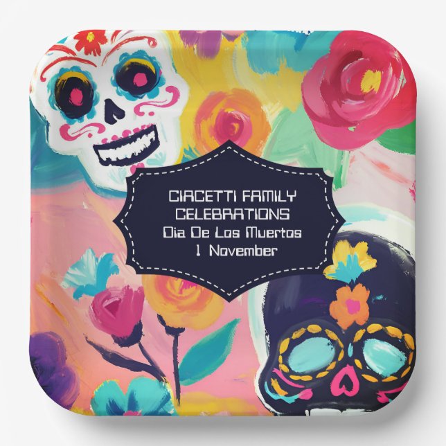 Farbenfrohe Dia De Los Muertos Zuckerschädel Pappteller (Vorderseite)