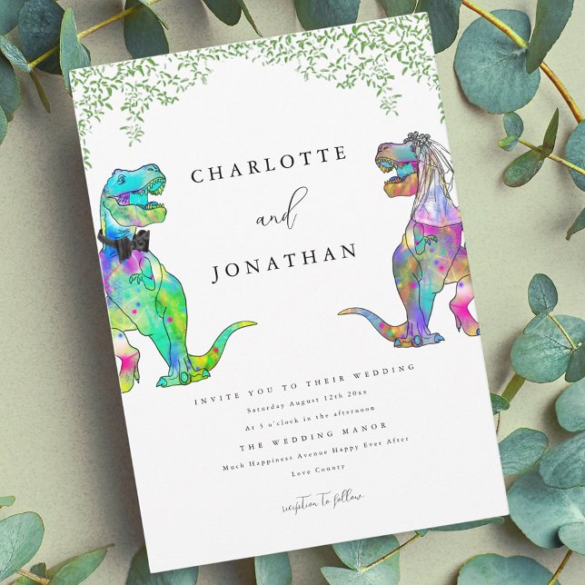 farbenfrohe Dinosaur-Hochzeit Einladung (Colorful Dinosaur theme wedding invitation with eucalyptus foliage)