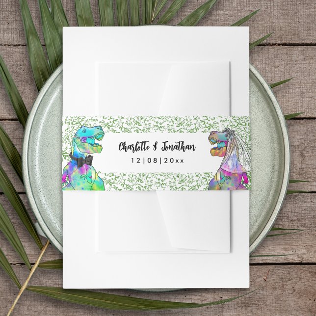 farbenfrohe Dinosaur-Hochzeit Einladungsbanderole (Colorful T-Rex bride and groom dinosaur wedding custom wedding belly bands)