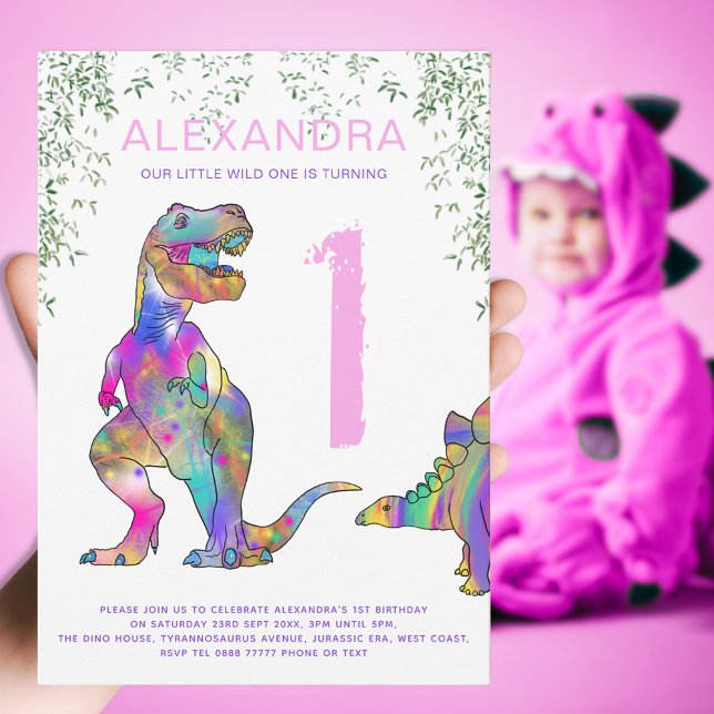 Farbenfrohe Dinosaurier 1. Geburtstag Party Einladung (Wild one girls dinosaur 1st birthday invitation colorful T-Rex and stegosaurus pink typography )