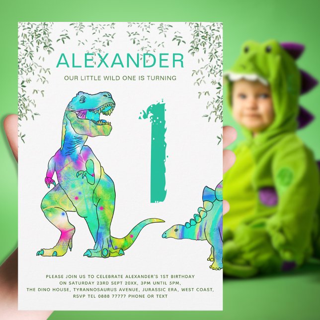 Farbenfrohe Dinosaurier 1. Geburtstag Party Einladung (Wild one boy’s dinosaur 1st birthday party invitation colorful T-Rex and stegosaurus modern dino fun)