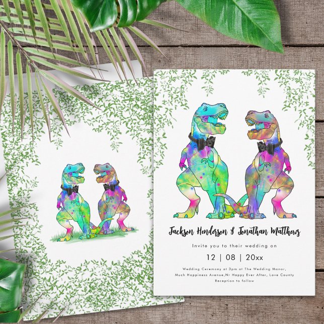 Farbenfrohe Dinosaurier Gay Wedding T-Rex zwei Gro Einladung (Colorful dinosaur gay wedding T-Rex two grooms dino wedding invitation watercolor eucalyptus foliage)