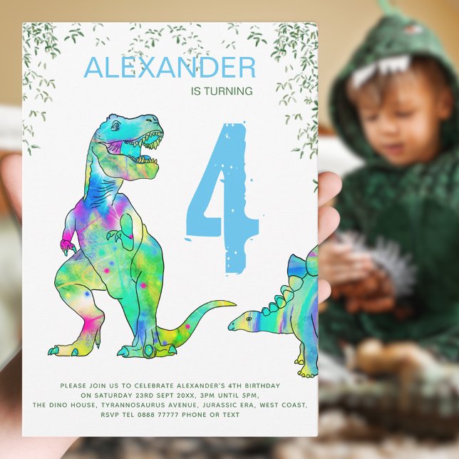 Farbenfrohe Dinosaurier Geburtstagsparty Einladung (Dinosaur Boy’s birthday party invitation colorful T-Rex and Stegosaurus dino modern blue typography )
