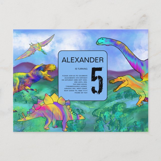 farbenfrohe Dinosaurier Geburtstagsparty Einladungspostkarte (Vorderseite)