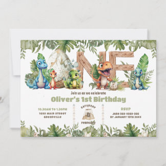 Farbenfrohe Dinosaurier Grüne 1. Geburtstag Einladung