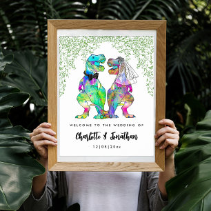 Farbenfrohe Dinosaurier-Hochzeit Begrüßung Poster