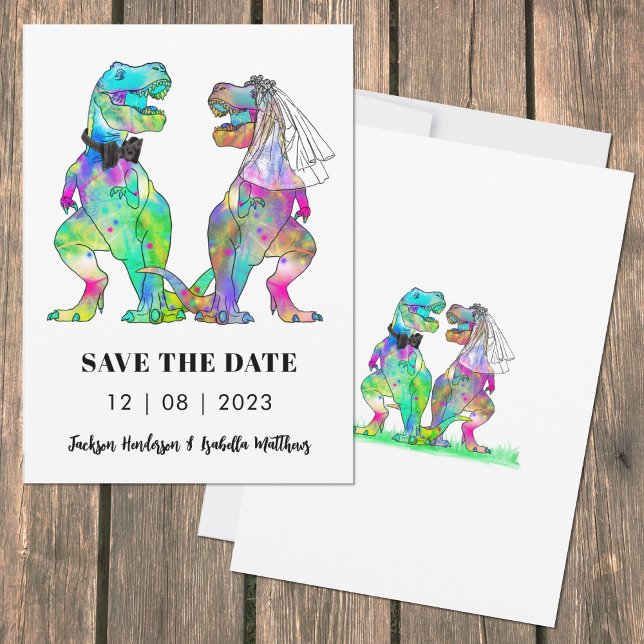 farbenfrohe Dinosaurier-Hochzeit Save The Date (Funny colorful T-Rex bride & groom dinosaur wedding invitation artwork by artist Catherine Sweetman )