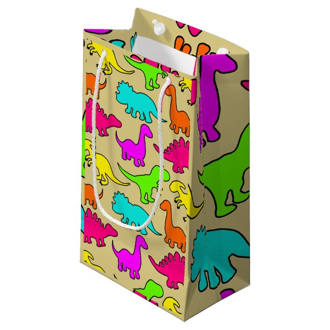 Farbenfrohe Dinosaurier Kleine Geschenktüte (Vorderseite Schrägansicht)
