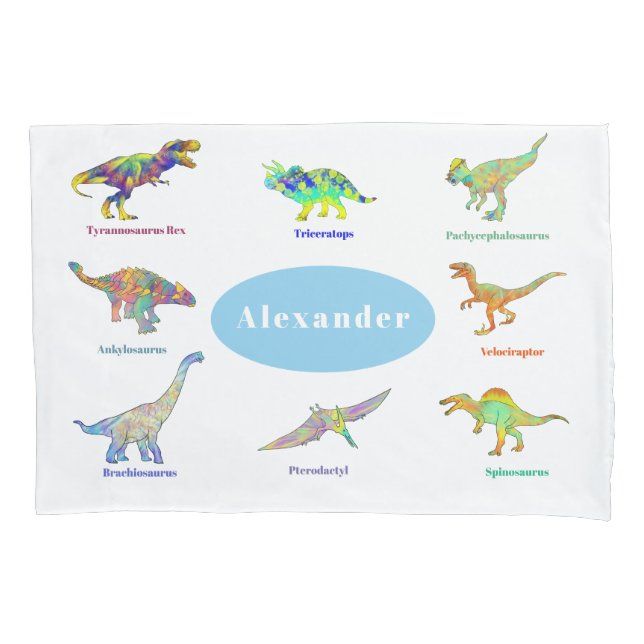 Farbenfrohe Dinosaurier mit Namen Pattern Blue Kissenbezug (Vorderseite)