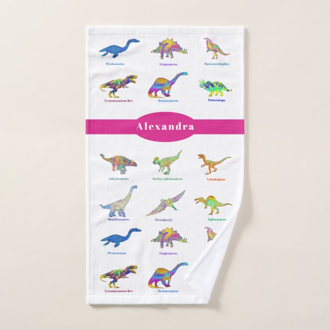 Farbenfrohe Dinosaurier mit Namen Pink Badhandtuch Set (Handtuch)