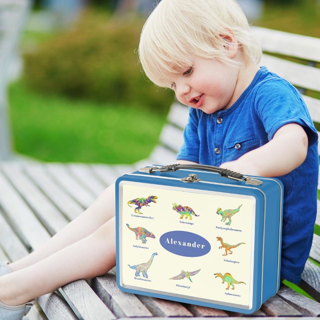 Farbenfrohe Dinosaurier mit Personalisierten Namen Metall Brotdose (Dinosaurs with names custom blue lunchbox for kindergarten or school colorful dino modern typography)