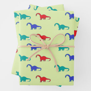 Farbenfrohe Dinosaurier-Muster auf grün Geschenkpapier Set