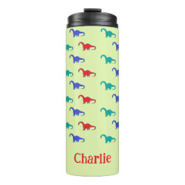 Farbenfrohe Dinosaurier-Muster auf grün Thermosbecher
