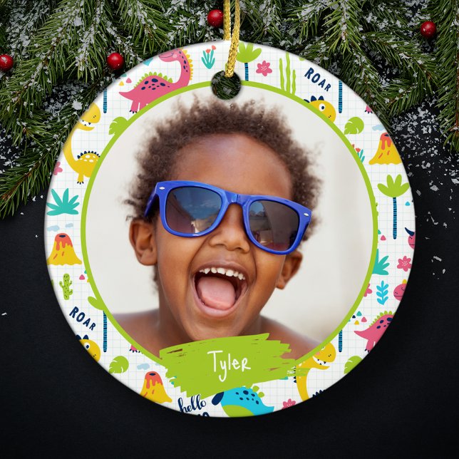 Farbenfrohe Dinosaurier Muster Kid Name Foto Weihn Keramik Ornament (Von Creator hochgeladen)