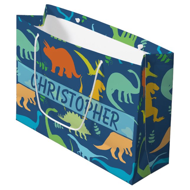 Farbenfrohe Dinosaurier-Muster zum Personalisieren Große Geschenktüte (Vorderseite Schrägansicht)