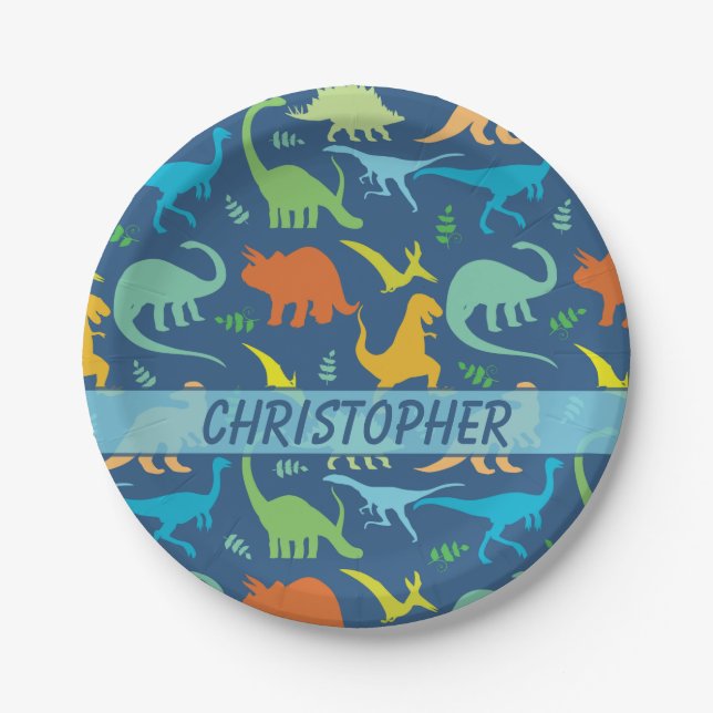 Farbenfrohe Dinosaurier-Muster zum Personalisieren Pappteller (Vorderseite)
