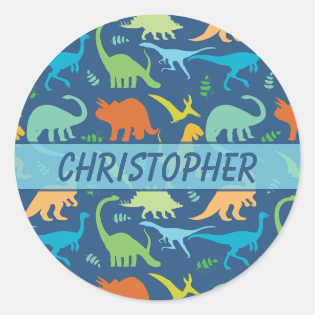 Farbenfrohe Dinosaurier-Muster zum Personalisieren Runder Aufkleber (Vorderseite)