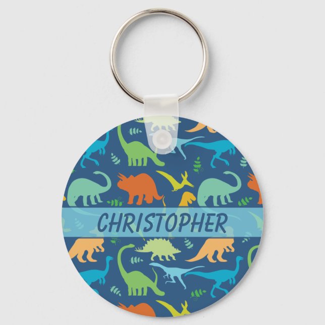 Farbenfrohe Dinosaurier-Muster zum Personalisieren Schlüsselanhänger (Vorderseite)