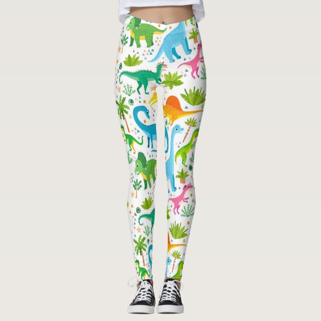 Farbenfrohe Dinosaurier Nahtloses Muster, Dinosaur Leggings (Vorderseite)