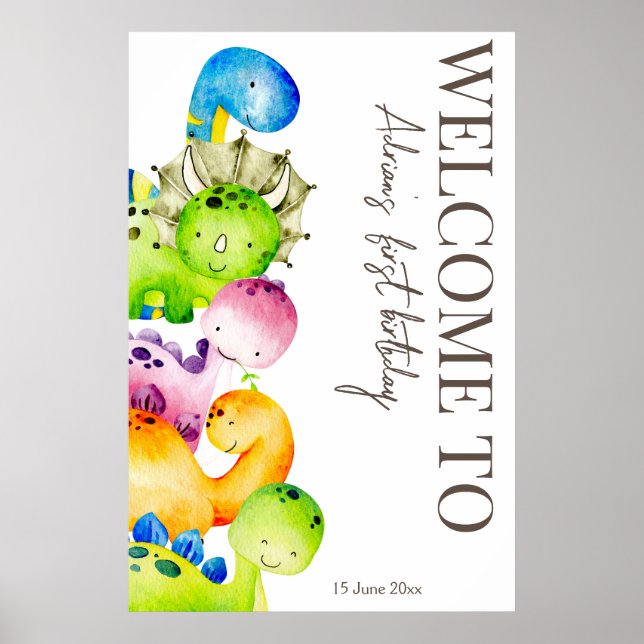 Farbenfrohe Dinosaurier Party personalisiertes Beg Poster (Vorne)