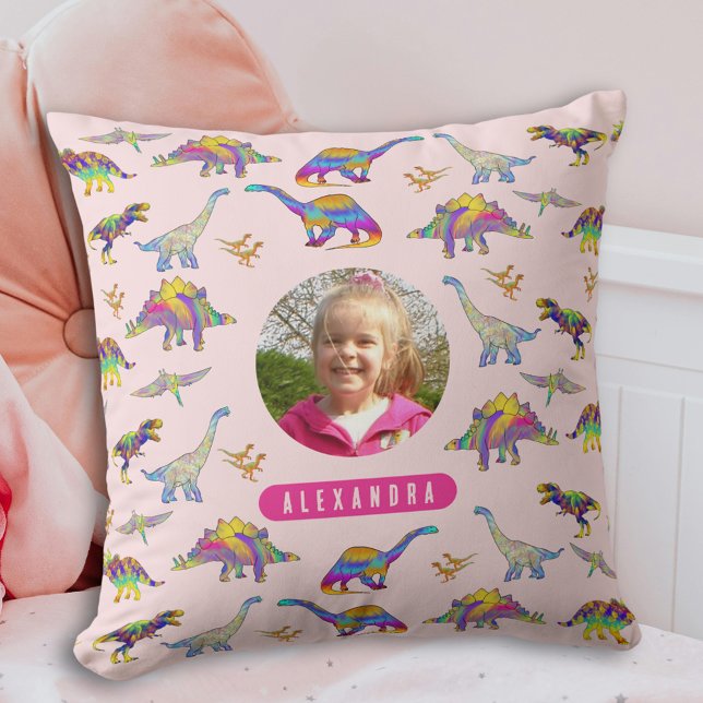 Farbenfrohe Dinosaurier Personalisiertes Foto und  Kissen (Colorful dinosaur pattern personalized name and photo girls pink pillow)