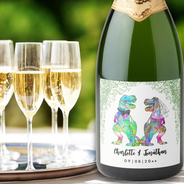 Farbenfrohe Dinosaurier Thema Hochzeit nach Maß (Colorful T-Rex bride and groom custom dinosaur wedding sparkling wine labels)