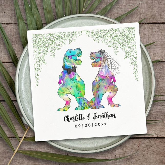 Farbenfrohe Dinosaurier Thema Hochzeit nach Maß Serviette (Colorful dinosaur themed wedding funny T-Rex bride and groom Jurassic jungle foliage custom napkin)