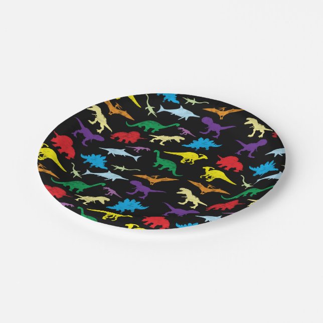 Farbenfrohe Dinosaurier Wasserfarbe Kindergeburtst Pappteller (Schrägansicht)