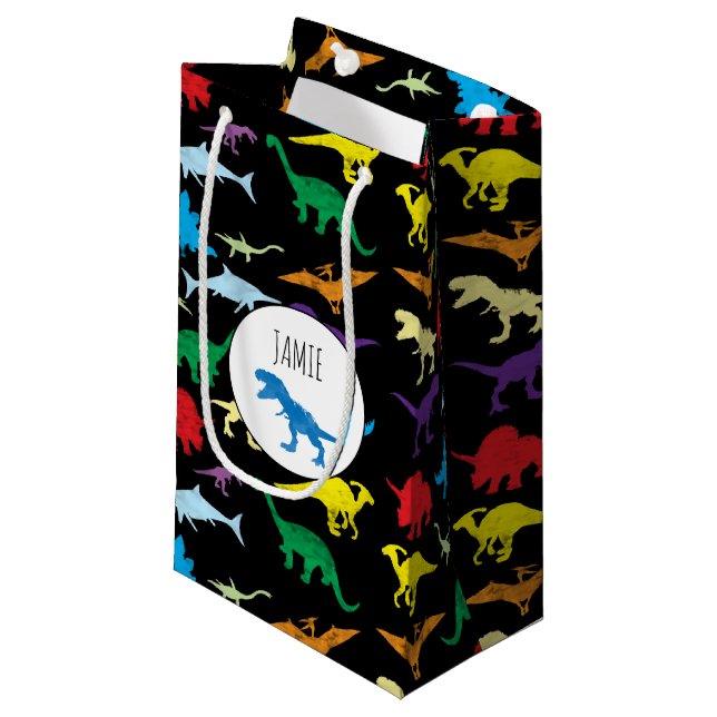 Farbenfrohe Dinosaurier Wasserfarbe Kindermuster Kleine Geschenktüte (Vorderseite Schrägansicht)