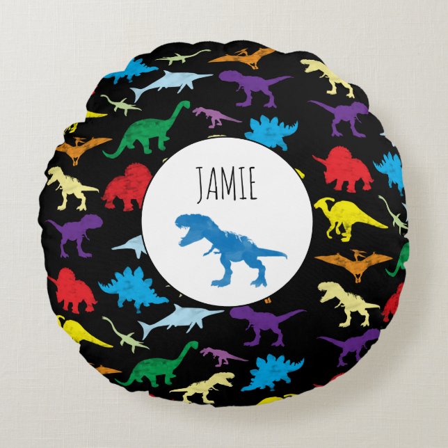 Farbenfrohe Dinosaurier Wasserfarbe Kindermuster Rundes Kissen (Vorderseite)